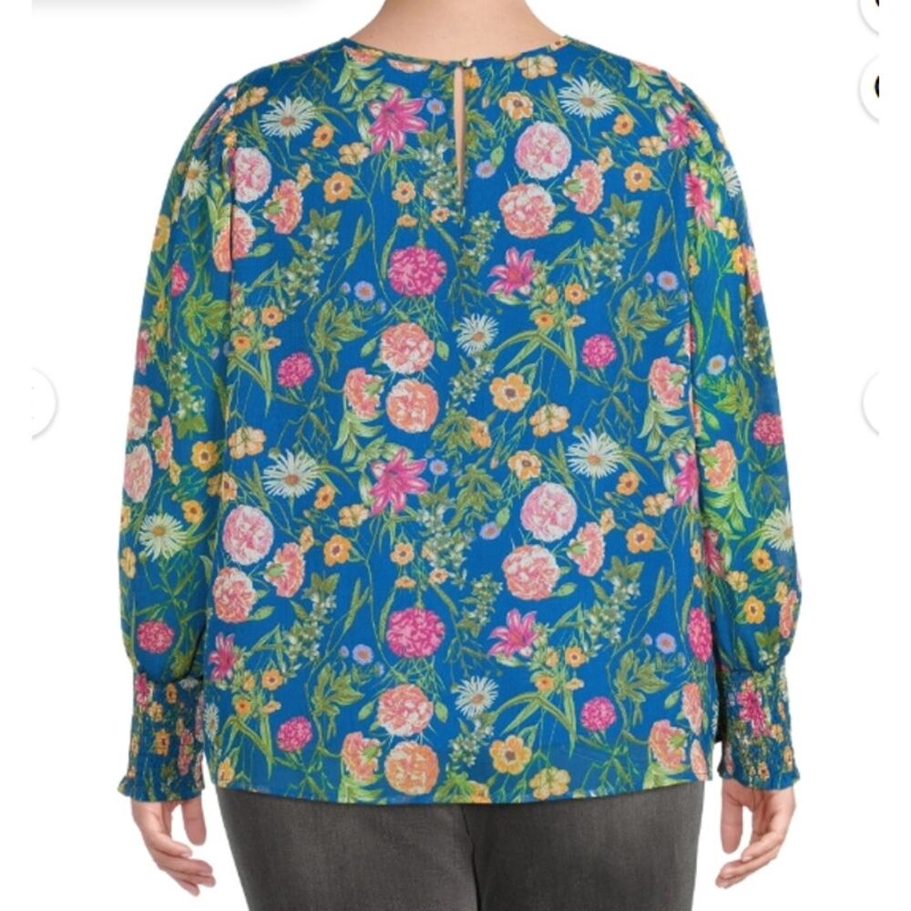Terra & Sky Blue Floral Smocked Chiffon Top Women's Plus Size 3X / 24W - 26W - Picture 3 of 10